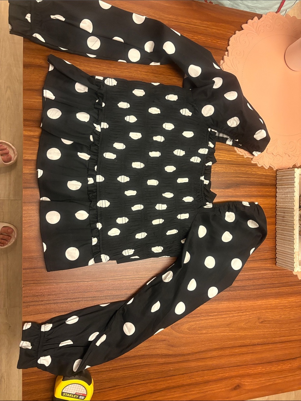 Francesca's Collections Black and White Polka Dot Smocked Puff Sleeve Blouse